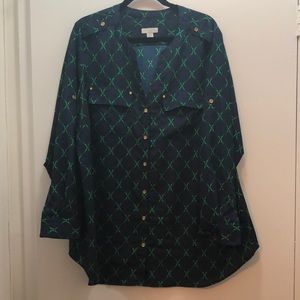 Navy blouse with green designs with gold buttons